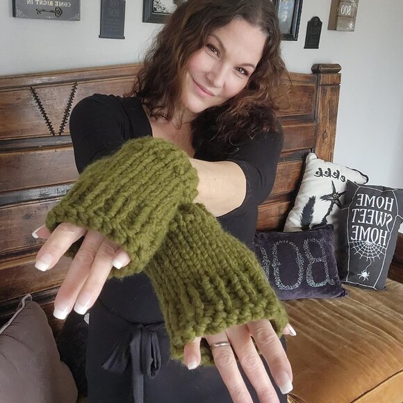 Hand Knit Fingerless Gloves, Armwarmers in Olive Green Yarn, Womens "Elderwood", - Picture 2 of 10